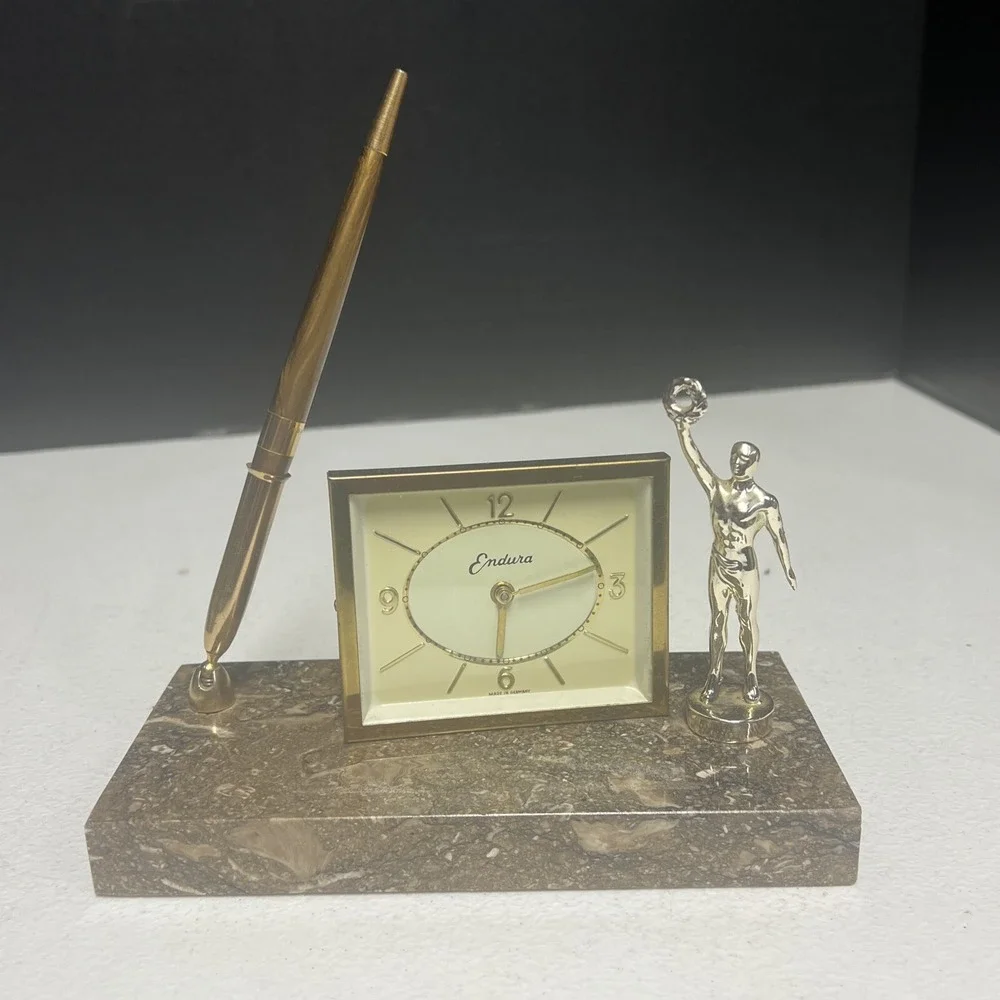 Vintage Endura Desk Clock With Granite Base, Pen, And Victory Statue. Untested.